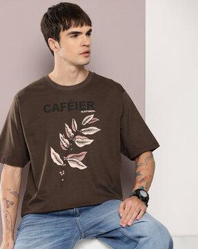 men leaf print oversized fit round-neck t-shirt