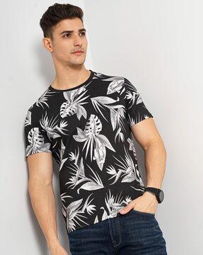 men leaf print regular fit crew-neck t-shirt