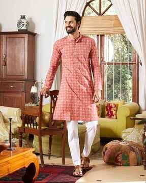 men leaf print regular fit kurta