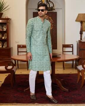 men leaf print regular fit kurta