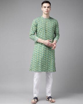 men leaf print regular fit long kurta