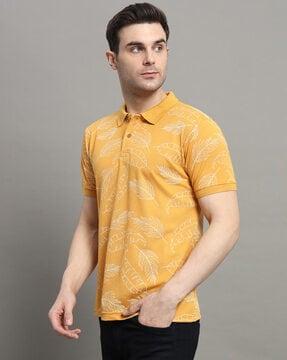 men leaf print regular fit polo t-shirt