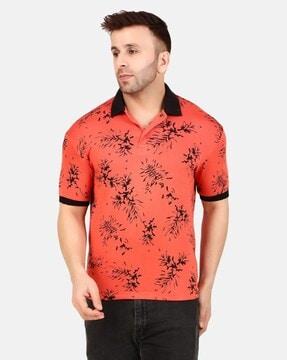 men leaf print regular fit polo t-shirt