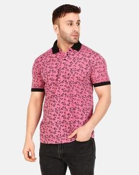 men leaf print regular fit polo t-shirt