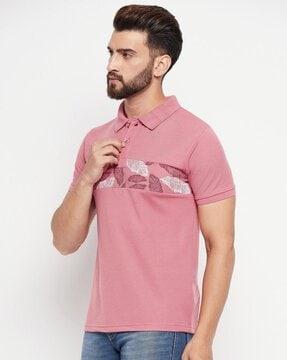 men leaf print regular fit polo t-shirt