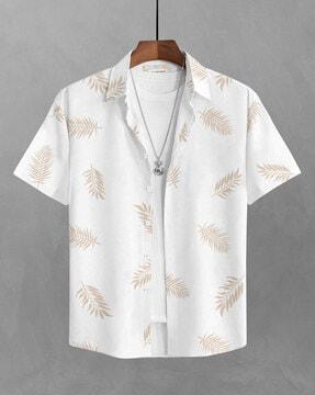 men leaf print regular fit shirt with spread collar