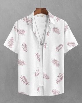 men leaf print regular fit shirt with spread collar
