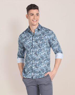 men leaf print regular fit shirt