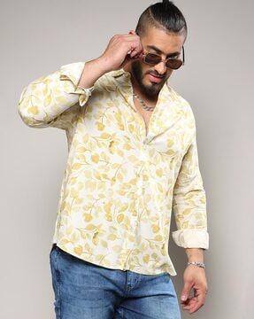 men leaf print regular fit shirt