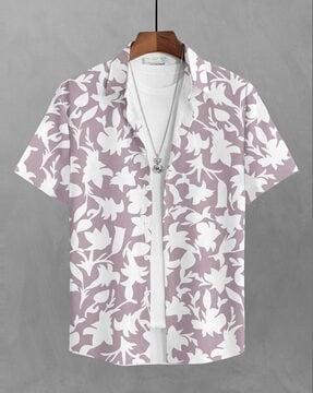 men leaf print regular fit shirt