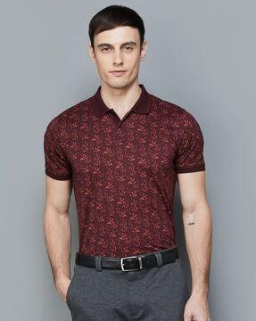 men leaf print relaxed fit polo t-shirt