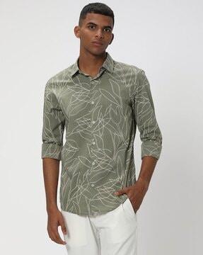 men leaf print slim fit cotton shirt