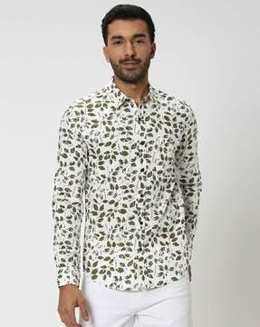 men leaf print slim fit cotton shirt