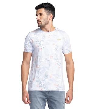 men leaf print slim fit crew-neck t-shirt