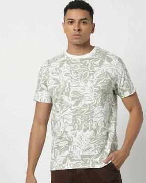 men leaf print slim fit crew-neck t-shirt