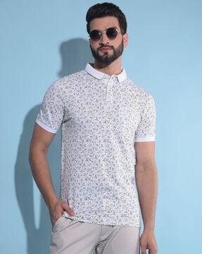 men leaf print slim fit polo t-shirt with patch pocket