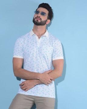 men leaf print slim fit polo t-shirt with patch pocket