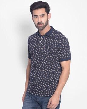 men leaf print slim fit polo t-shirt