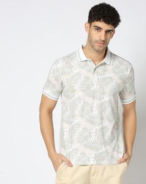 men leaf print slim fit polo t-shirt