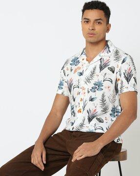 men leaf print slim fit shirt