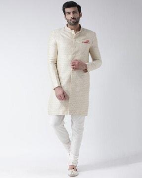 men leaf woven regular fit sherwani