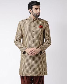 men leaf woven regular fit sherwani