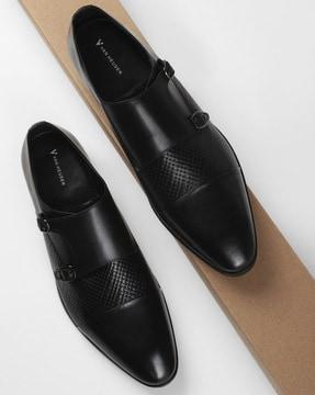 men leather round-toe double-strap monks