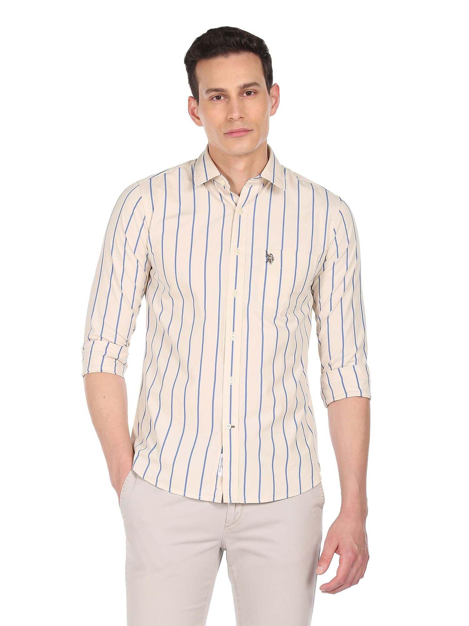 men light beige premium cotton striped casual shirt