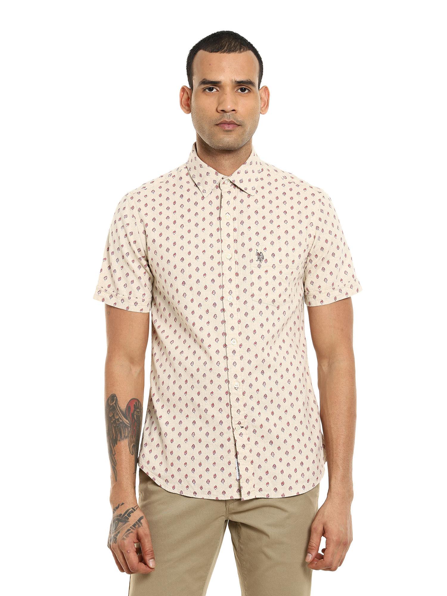 men light beige tailored regular fit short sleeve casual shirt