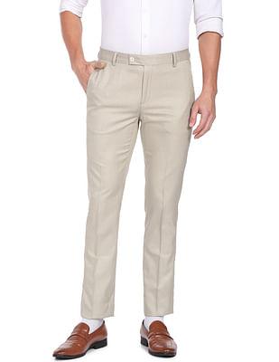 men light beige twill weave tonal check formal trousers