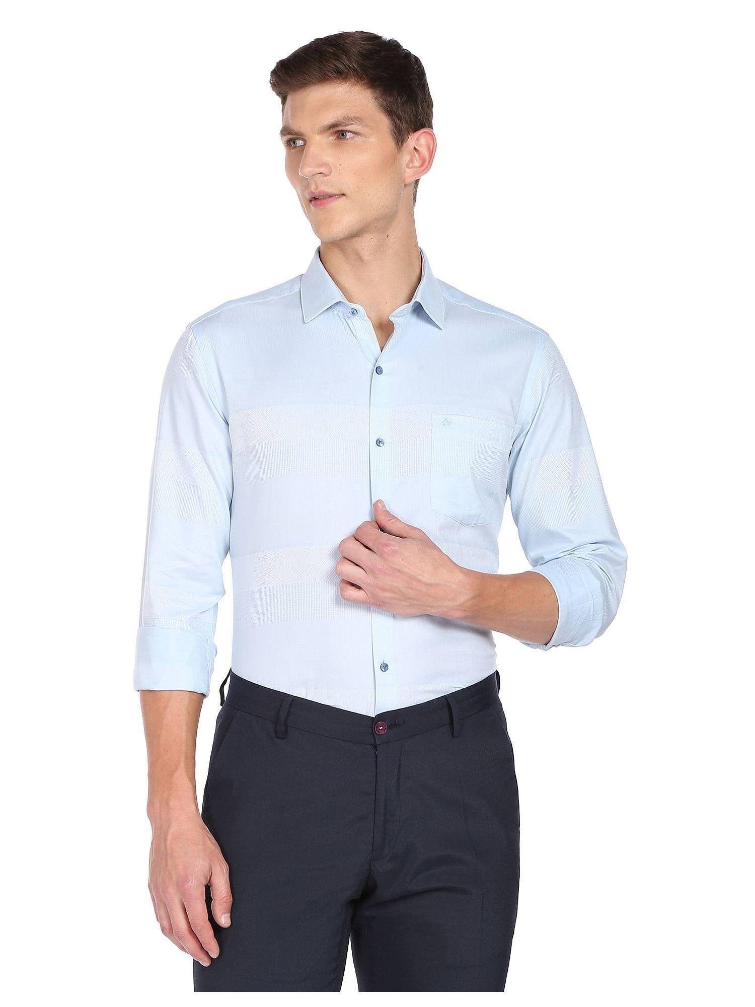 men light blue cotton horizontal dobby formal shirt