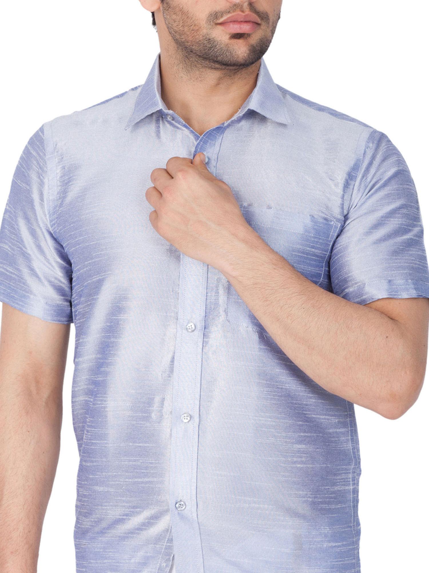 men light blue cotton silk ethnic shirt