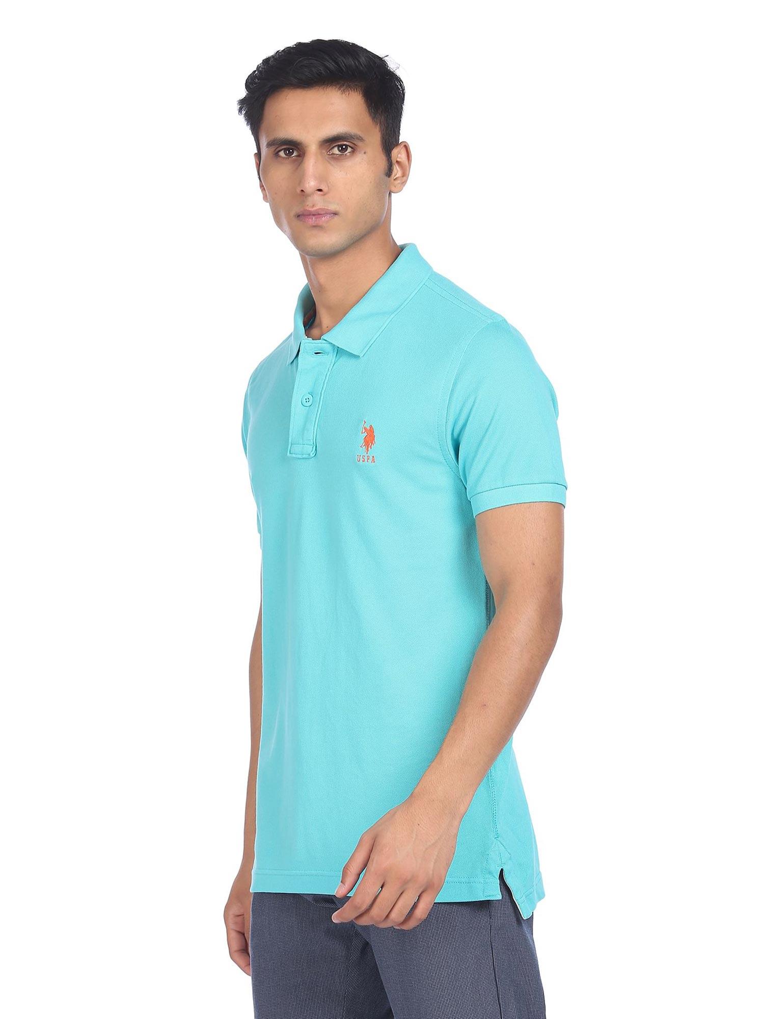 men light blue cotton solid polo t-shirt