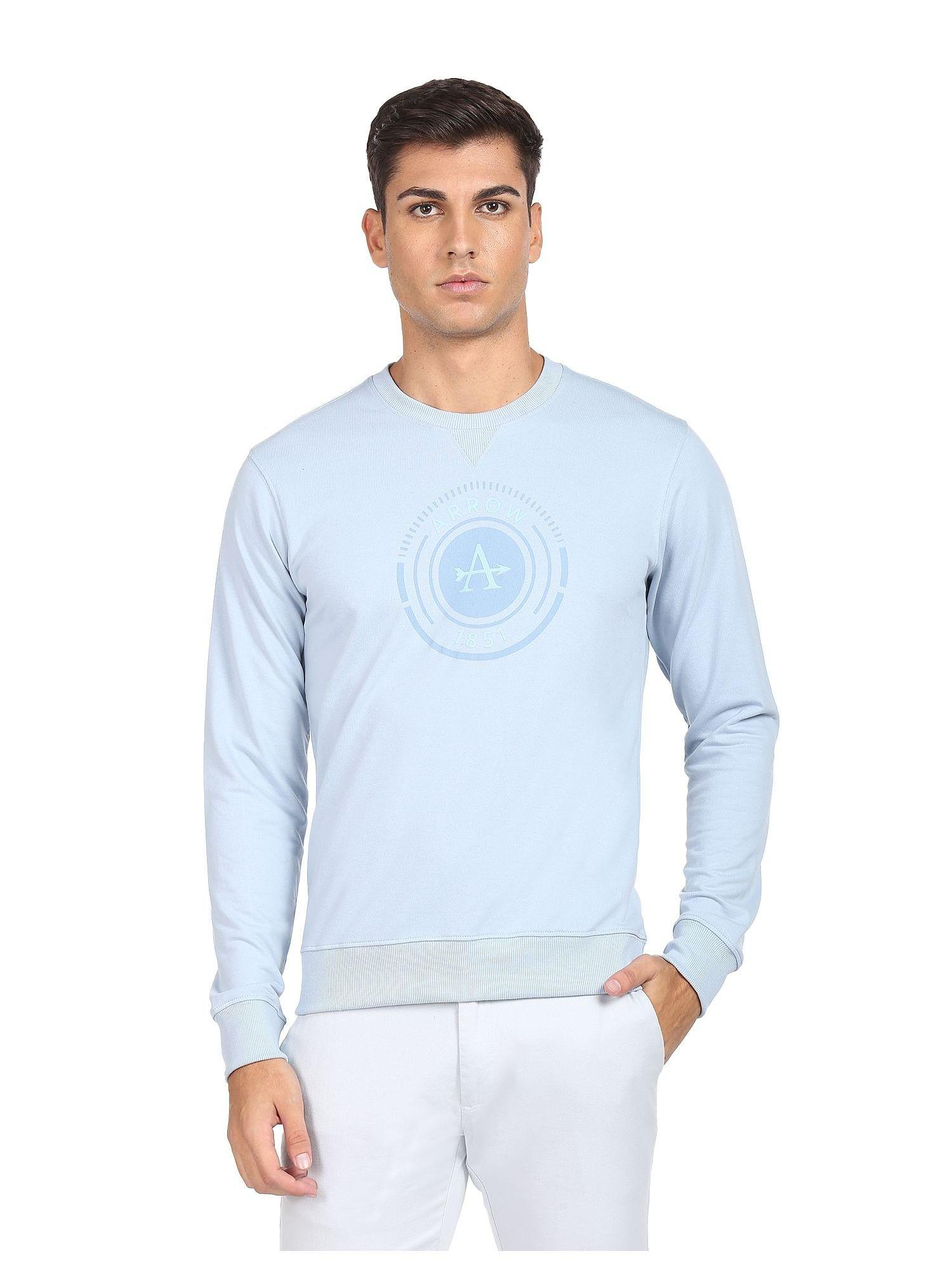 men light blue crew neck printed logo sweatshirt