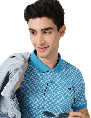 men light blue geometric print cotton polo shirt