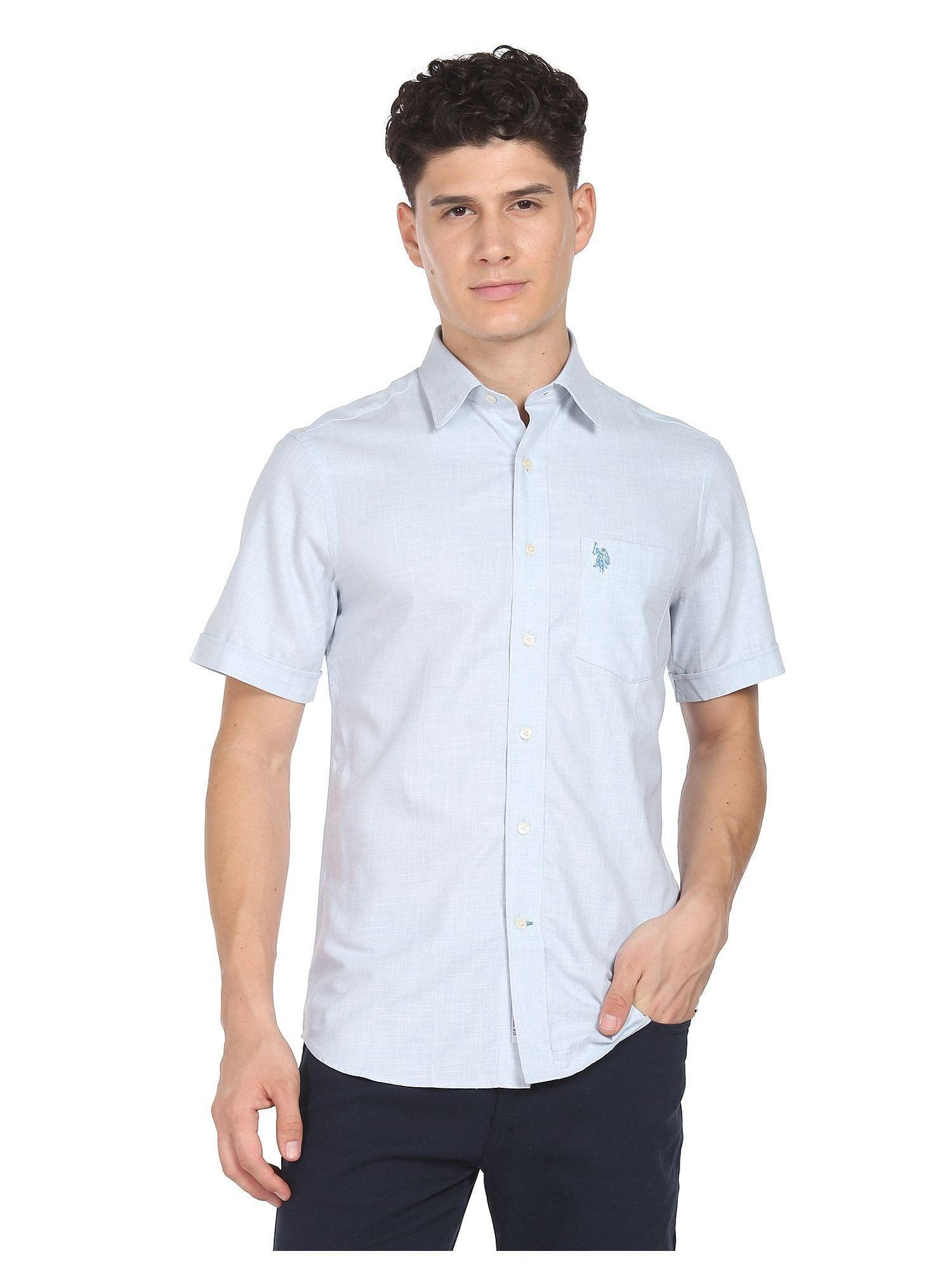 men light blue heathered cotton twill casual shirt