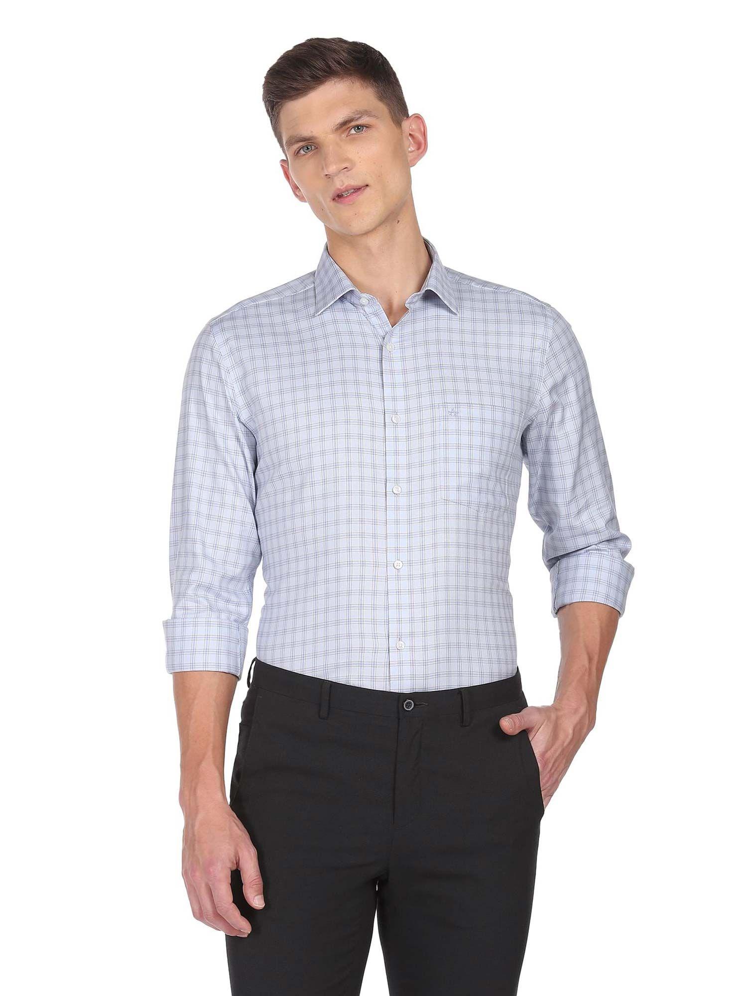 men light blue patch pocket windowpane check formal shirt