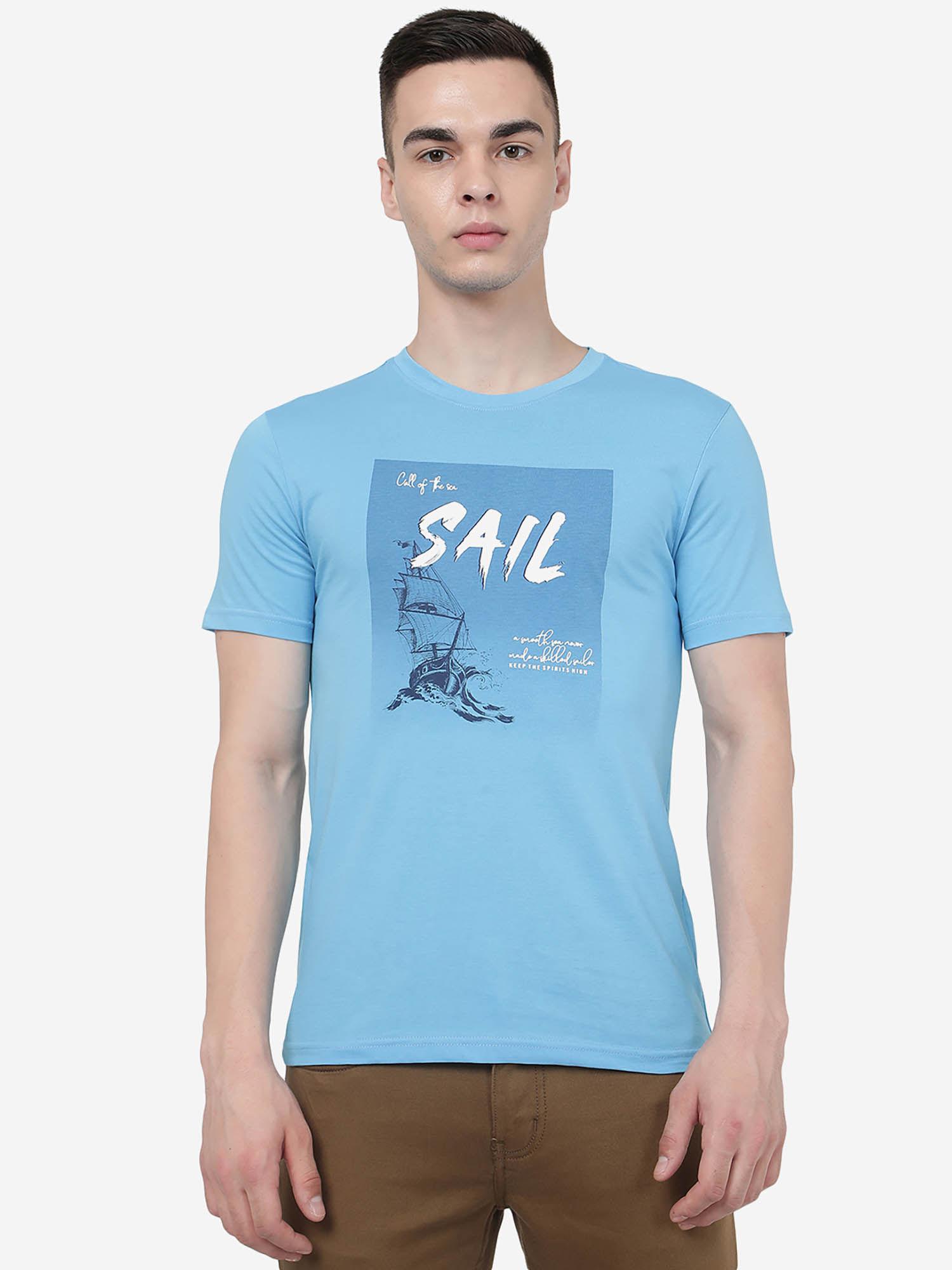 men light blue poly viscose slim fit printed t-shirt