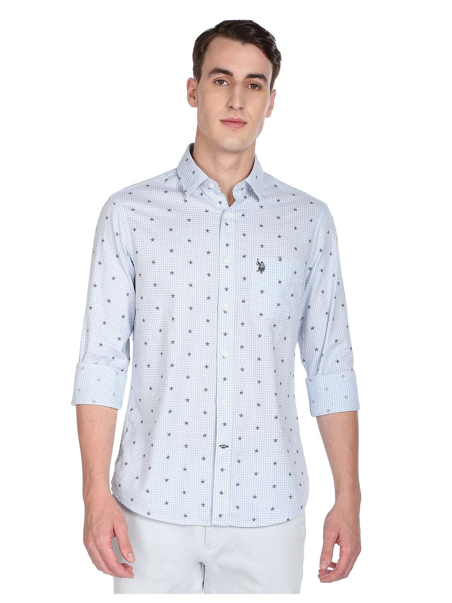 men light blue printed micro check casual shirt