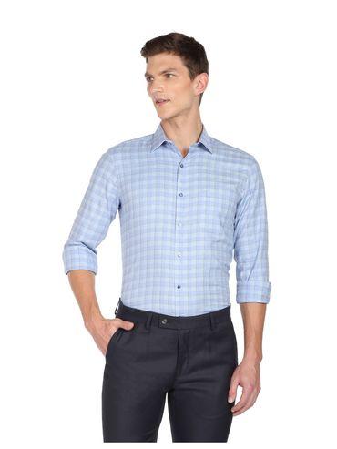 men light blue pure cotton plaid check formal shirt