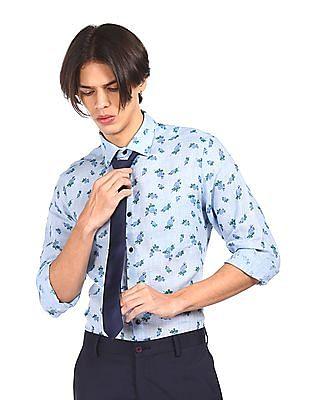 men light blue regular fit floral printed formal shirt
