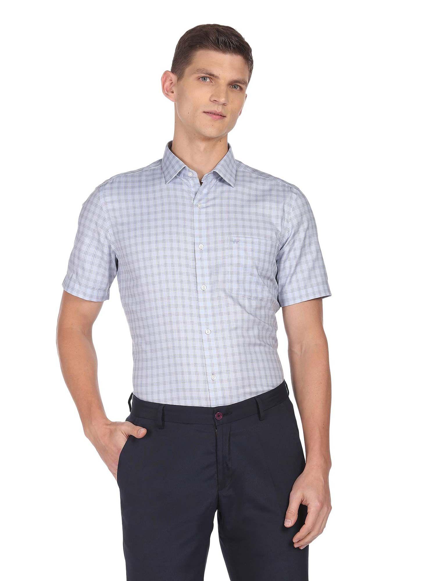 men light blue short sleeve cotton tartan check formal shirt