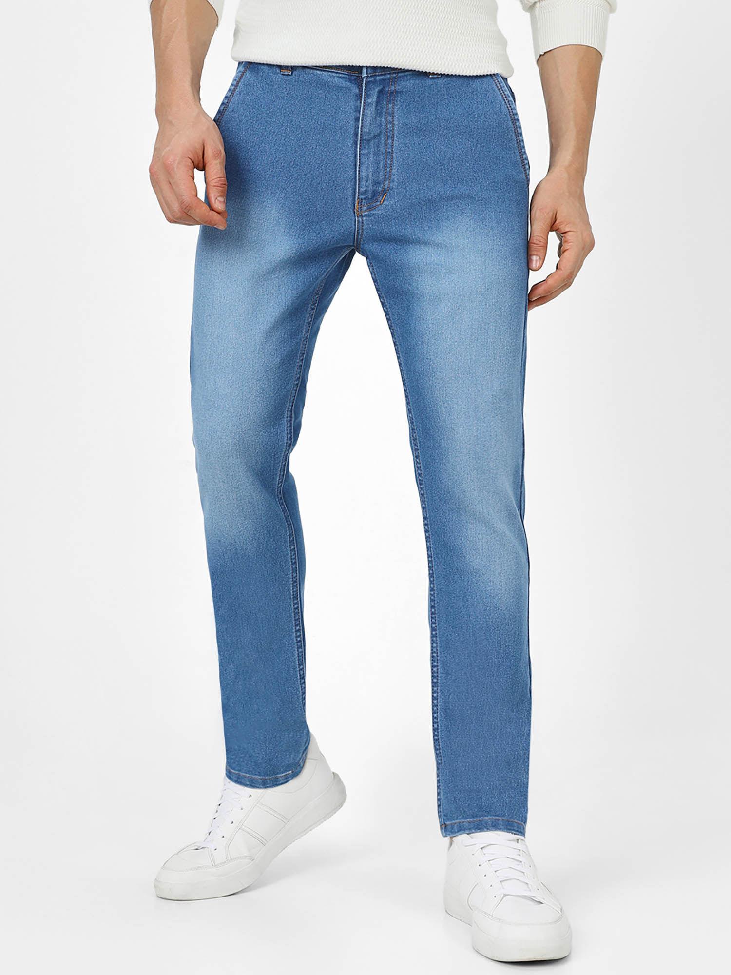 men light blue slim fit washed jeans stretchable