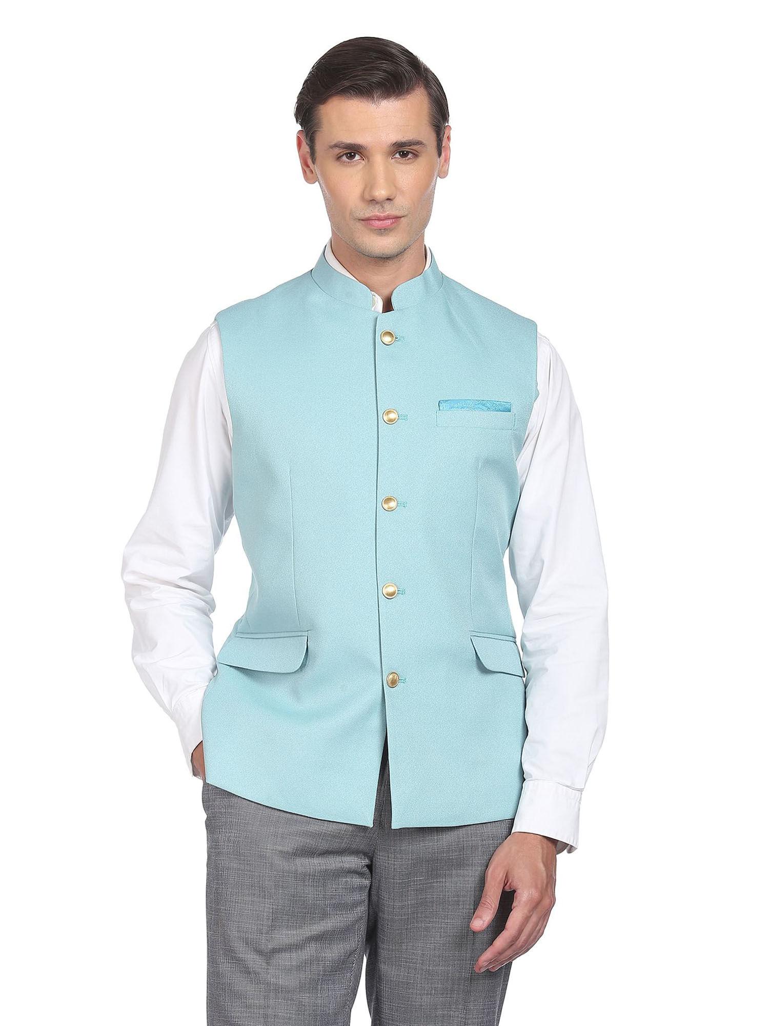 men light blue textured tailored regular fit nehru jacket