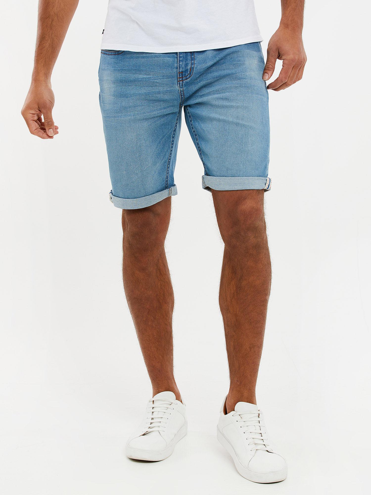 men light blue wash stretch denim shorts