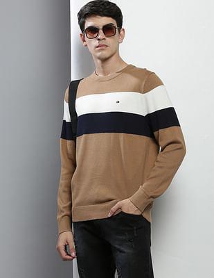 men light brown crew neck striped cotton sweater