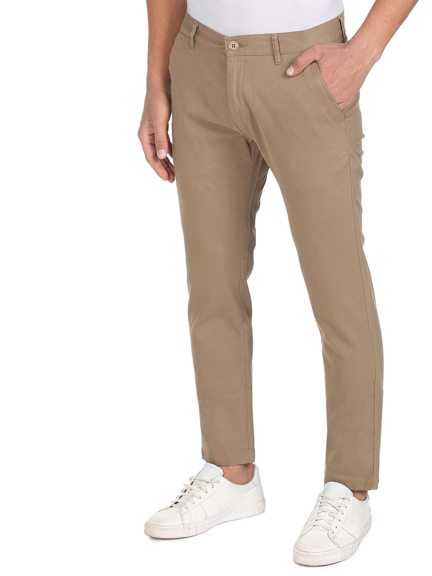 men light brown mid rise solid casual trousers