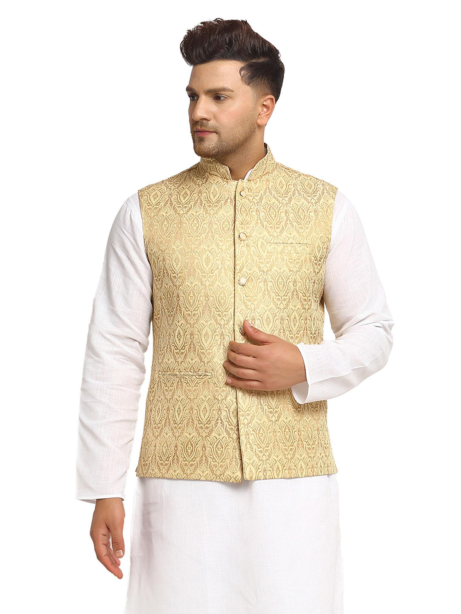 men light golden brocade nehru jacket with golden work