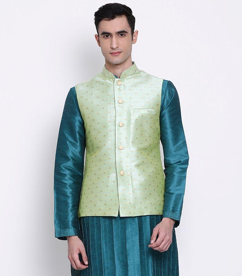 men light green color silk blend nehru jacket