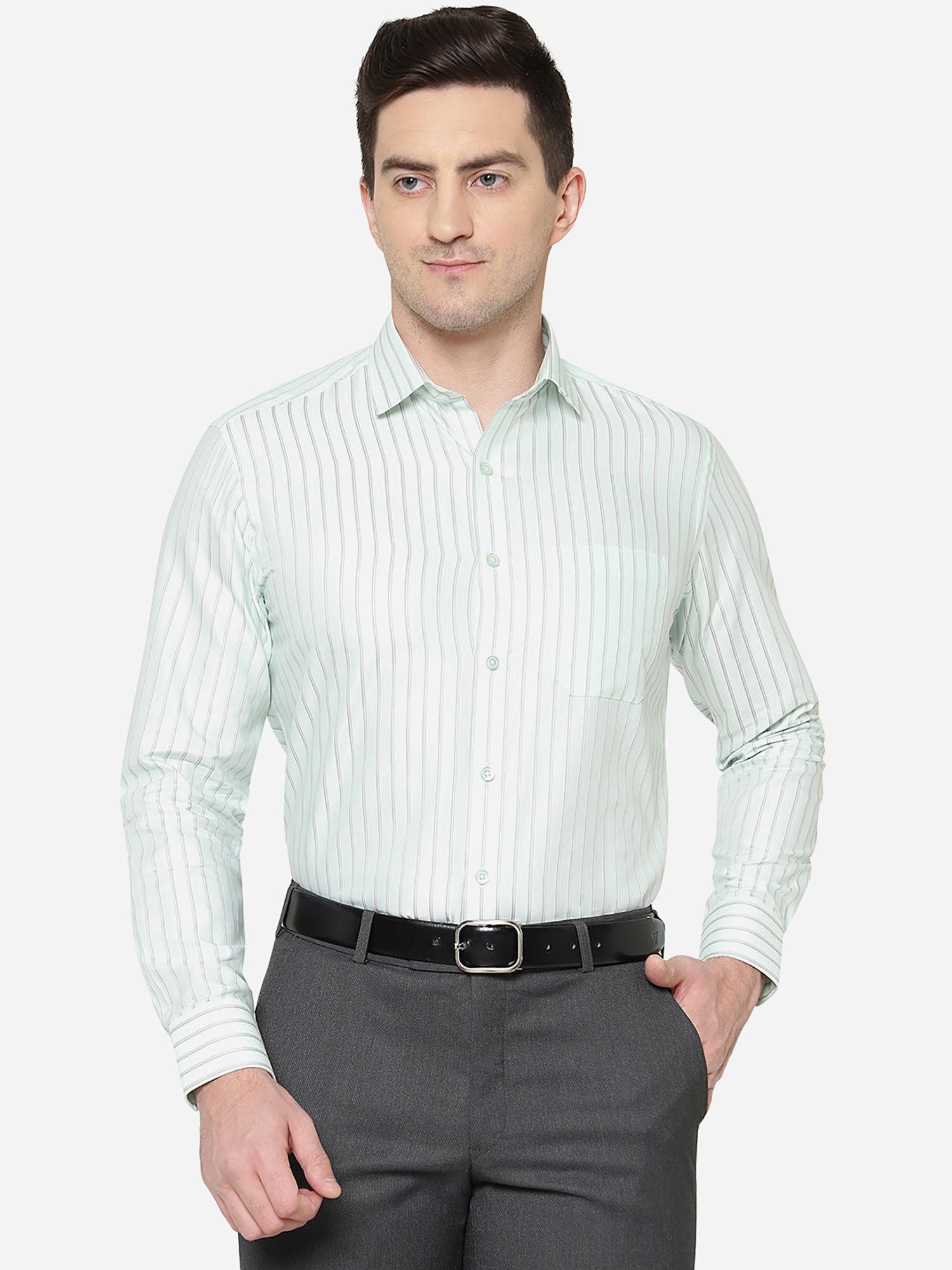 men light green poly viscose slim fit striped formal shirt